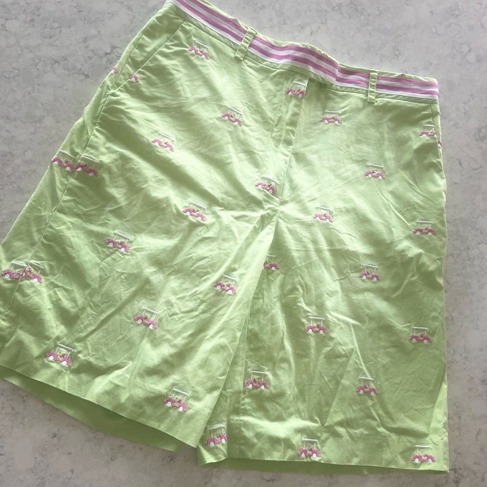 Vintage Lilly Pulitzer Green & Pink Embroidered golf Shorts striped waist size 6